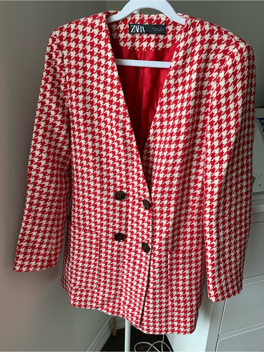 Zara  Red and White Houndstooth Double-Breasted Blazer - Emily in Paris